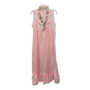 Vintage Nightgown Small Pink Ruffle Floral‎ Trim Front Tie Up Sleeveless Blemish